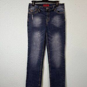 Zanadi Women’s 12 Straight Leg Dark Wash Jeans Distressed Embroidered Pocket